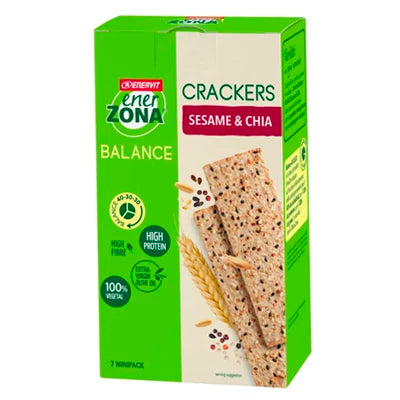 Confezione contenente 7 mini pack di crackers proteici. Gusto sesamo e chia in vendita su dietaesport.com