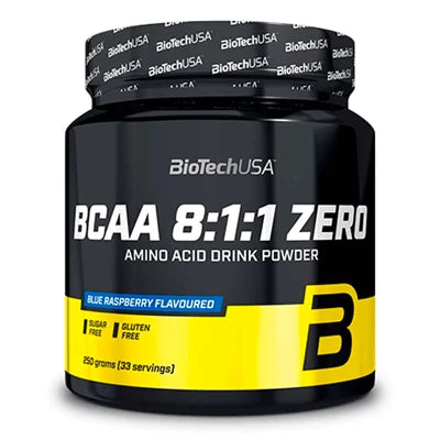 Barattolo di Bcaa 8-1-1 di 250 g. Prodotto di punta della BiotechUSA al gusto lampone