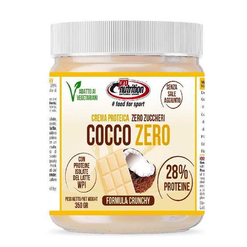 Vasetto di crema proteica al gusto cocco zero. Peso 350 gr